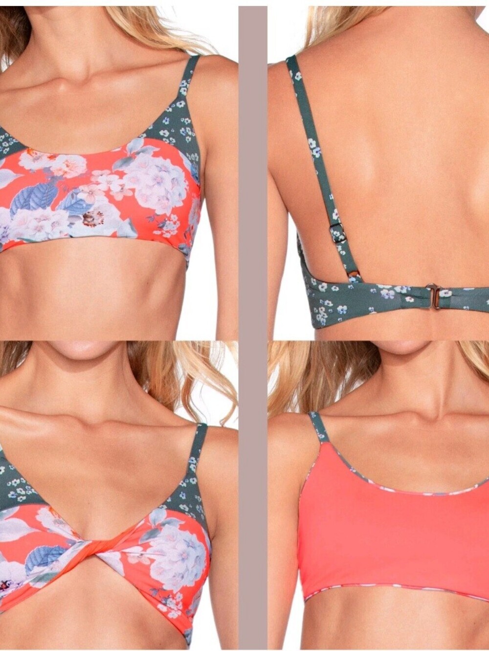 Maaji Reversible Floral Bikini Top Neon Coral Swim Top Size S Preowned Excellent